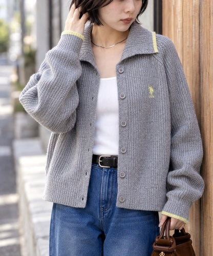 日本代購｜U.S. POLO ASSN. U.S. POLO ASSN.（ユーエスポロアッスン） カーディガン 別注 ロゴ刺繍 配色ライン ハイネックニットカーディガン レディース【ライトグレー / L】｜ZOZOTOWN