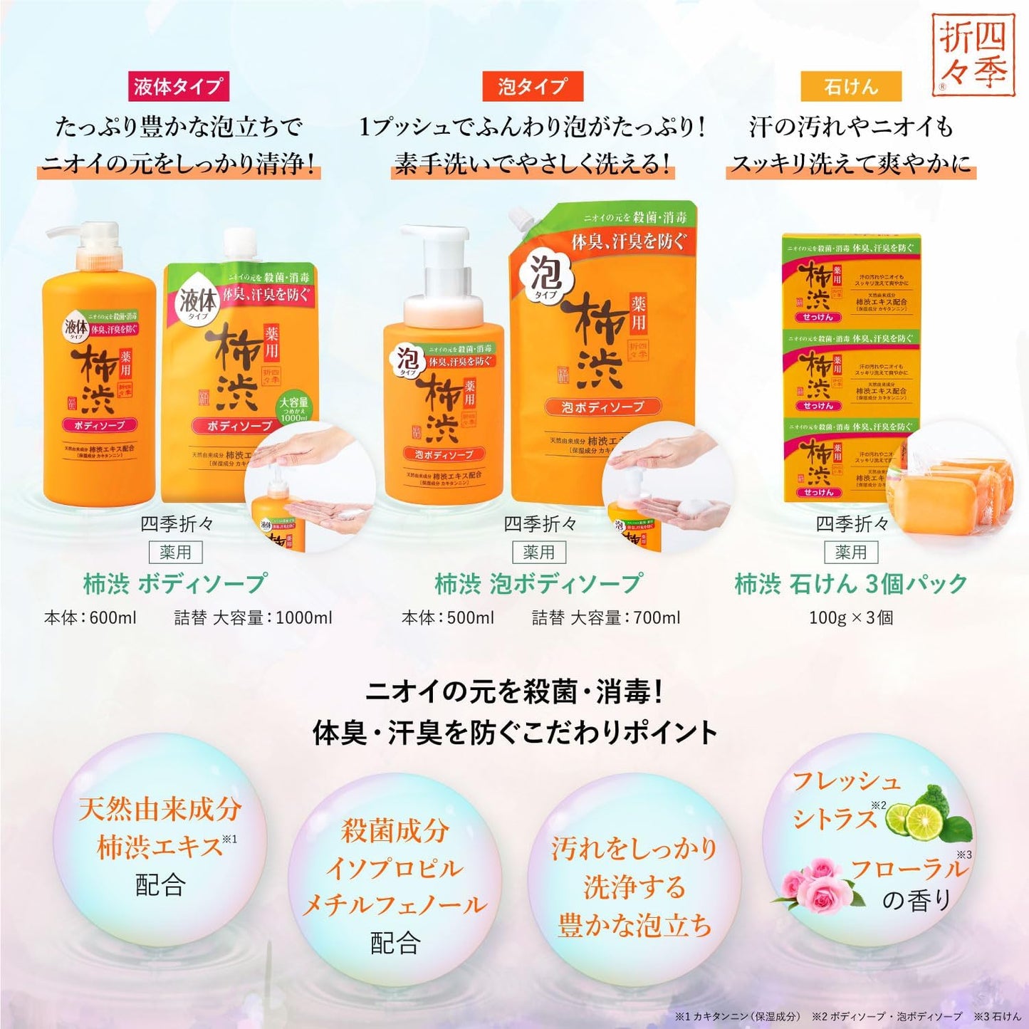 熊野油脂 四季折々 藥用柿澀沐浴乳 600mL 柿單寧除臭沐浴露 體臭汗臭清潔
