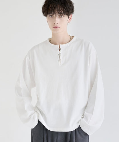 日本代購｜LILL LILL（リル） ヘンリーネック tシャツ シルバーパーツヘビーウエイトコットンヘンリーネックロングスリーブカットソー メンズ レディース【ブラック / XL】｜ZOZOTOWN