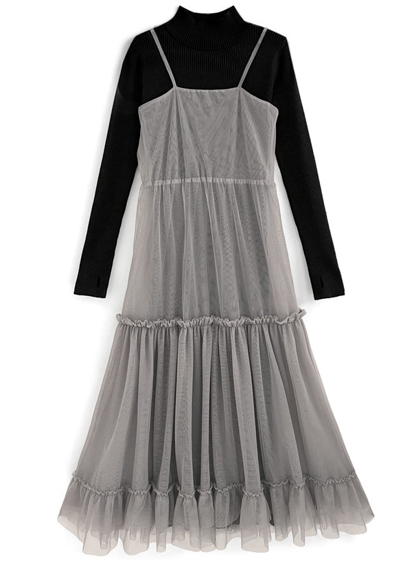 日本代購｜GRL チュールティアードワンピース×ニットワンピースセットアップ[mb1571]【グレージュ / M】｜GRL