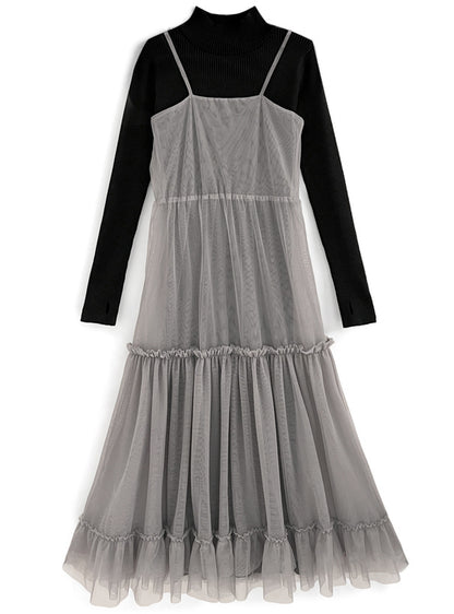 日本代購｜GRL チュールティアードワンピース×ニットワンピースセットアップ[mb1571]【グレージュ / M】｜GRL