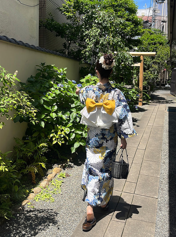 日本代購｜GRL 浴衣 - 水彩菊浴衣套裝【ネイビー / F】｜GRL