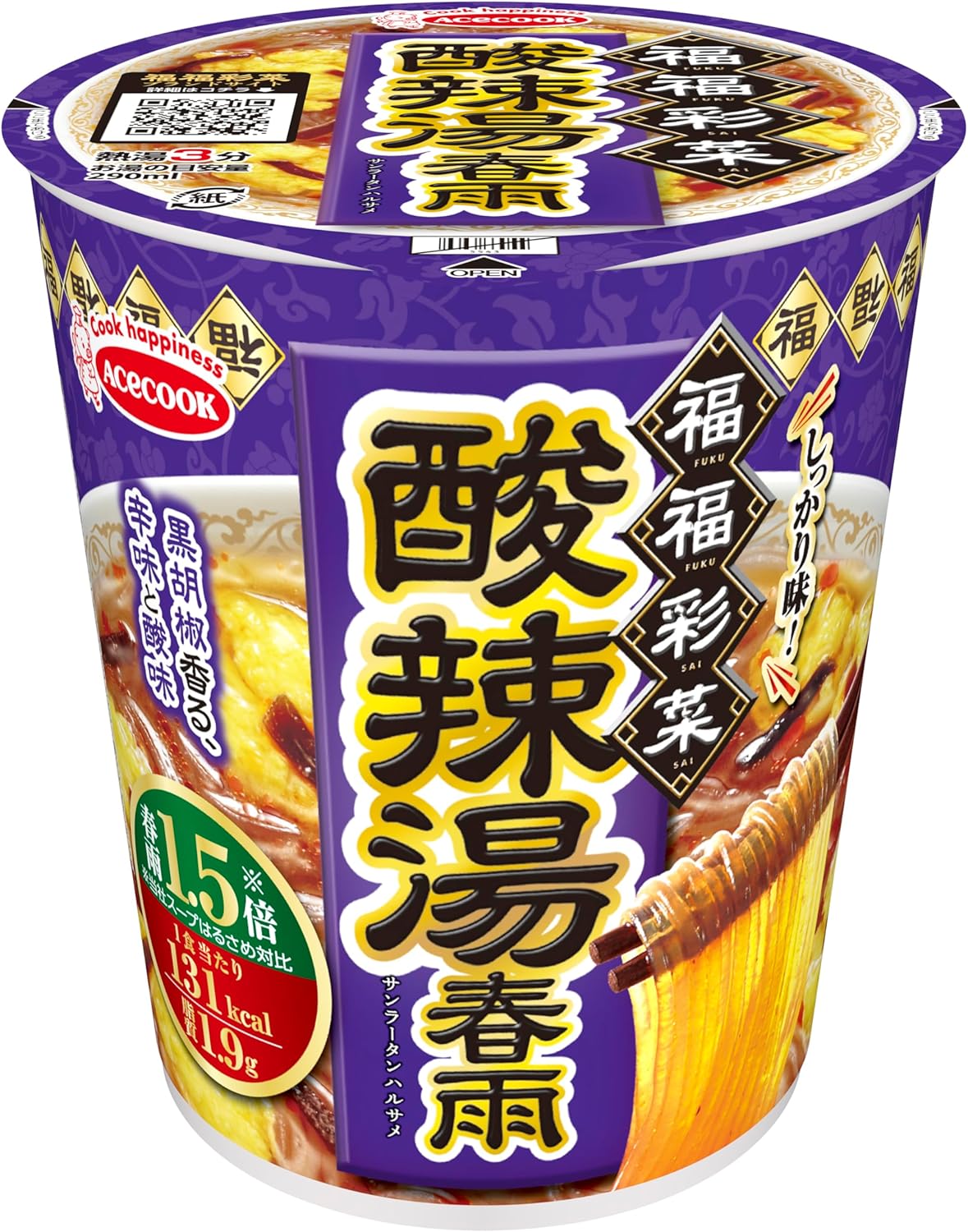 日本代購｜エースコック 方便麵 - 福福彩菜 酸辣湯春雨 40g ×12個｜Amazon JP