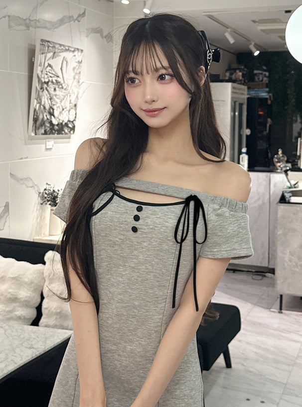 日本代購｜GRL 迷你連身裙 - 黑色連帽露肩前開式蝴蝶結迷你連身裙｜GRL