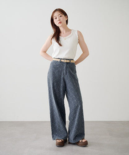日本代購｜Kastane 寬褲 - 花卉刺繡牛仔褲｜ZOZOTOWN