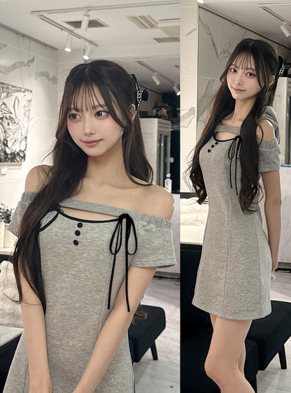 日本代購｜GRL 迷你連身裙 - 灰色連帽露肩前開式蝴蝶結迷你連身裙｜GRL