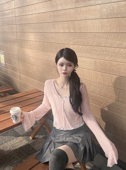 日本代購｜GRL 外套 - 黑色哈特鈕扣鈴袖透視針織開衫｜GRL