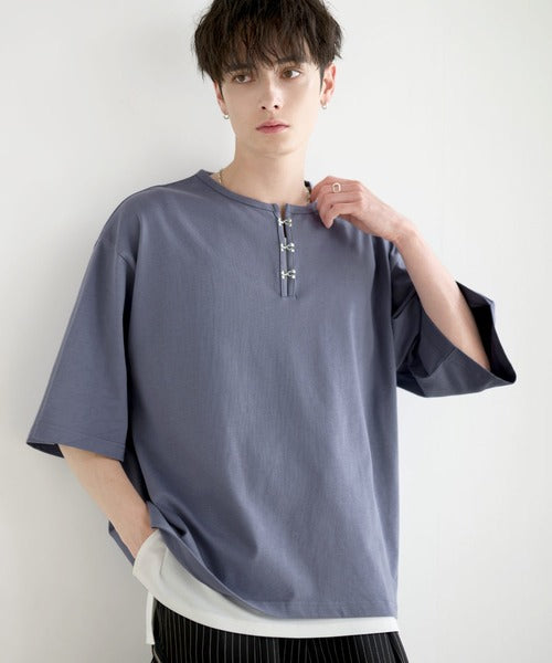 日本代購｜LILL LILL（リル） ヘンリーネック tシャツ シルバーパーツヘビーウエイトコットンヘンリーネックハーフスリーブカットソー メンズ レディース【チャコールグレー / XL】｜ZOZOTOWN