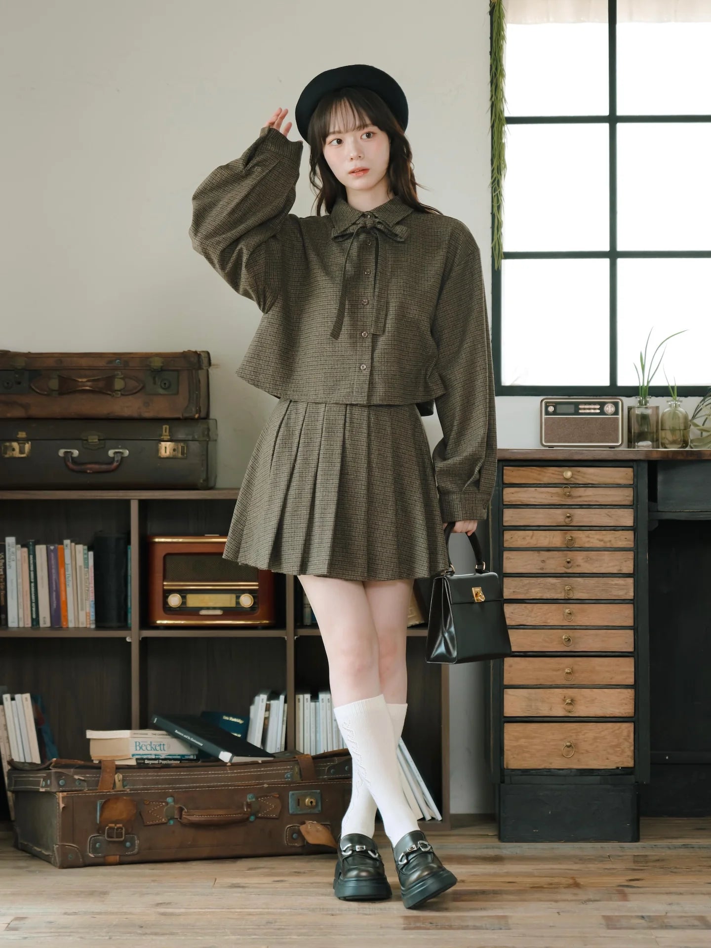 日本代購｜mero boutique 2018 套裝 - チェックリボン套裝【棕色】｜mero boutique 2018