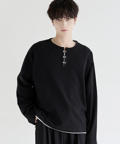 日本代購｜LILL LILL（リル） ヘンリーネック tシャツ シルバーパーツヘビーウエイトコットンヘンリーネックロングスリーブカットソー メンズ レディース【ブラック / XL】｜ZOZOTOWN