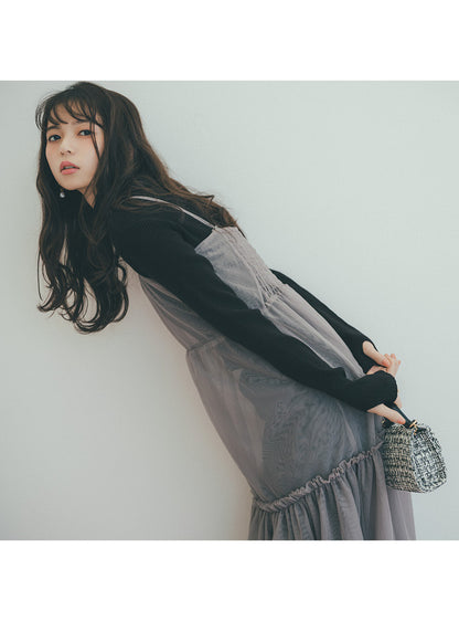 日本代購｜GRL チュールティアードワンピース×ニットワンピースセットアップ[mb1571]【グレージュ / M】｜GRL