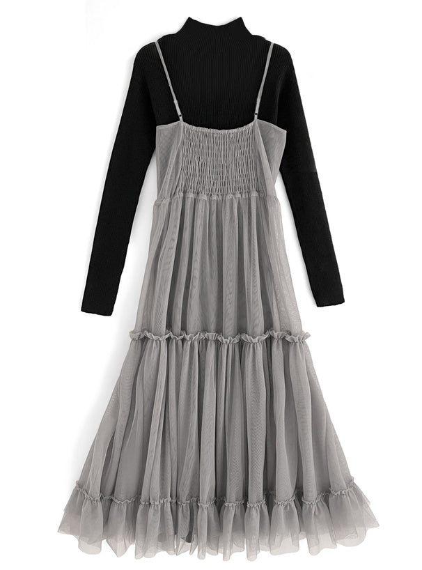 日本代購｜GRL チュールティアードワンピース×ニットワンピースセットアップ[mb1571]【グレージュ / M】｜GRL