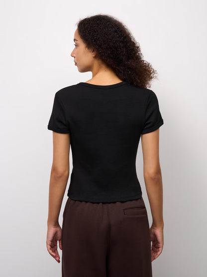 日本代購｜GU リブクルーネックT【BLACK / M】｜GU