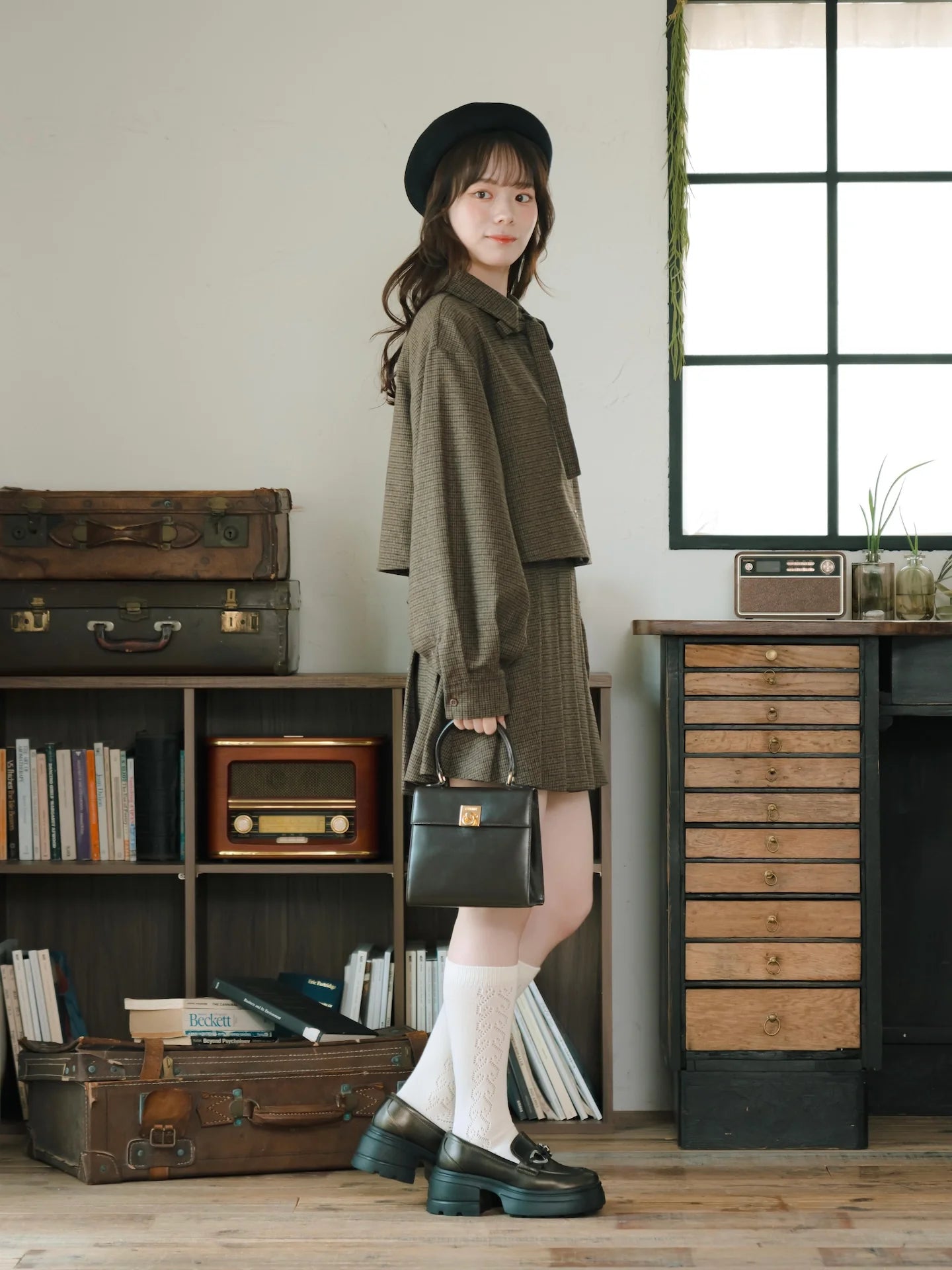 日本代購｜mero boutique 2018 套裝 - チェックリボン套裝【棕色】｜mero boutique 2018