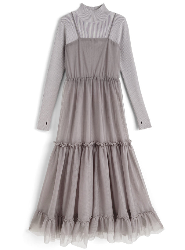 日本代購｜GRL チュールティアードワンピース×ニットワンピースセットアップ[mb1571]【グレージュ / M】｜GRL
