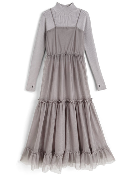 日本代購｜GRL チュールティアードワンピース×ニットワンピースセットアップ[mb1571]【グレージュ / M】｜GRL