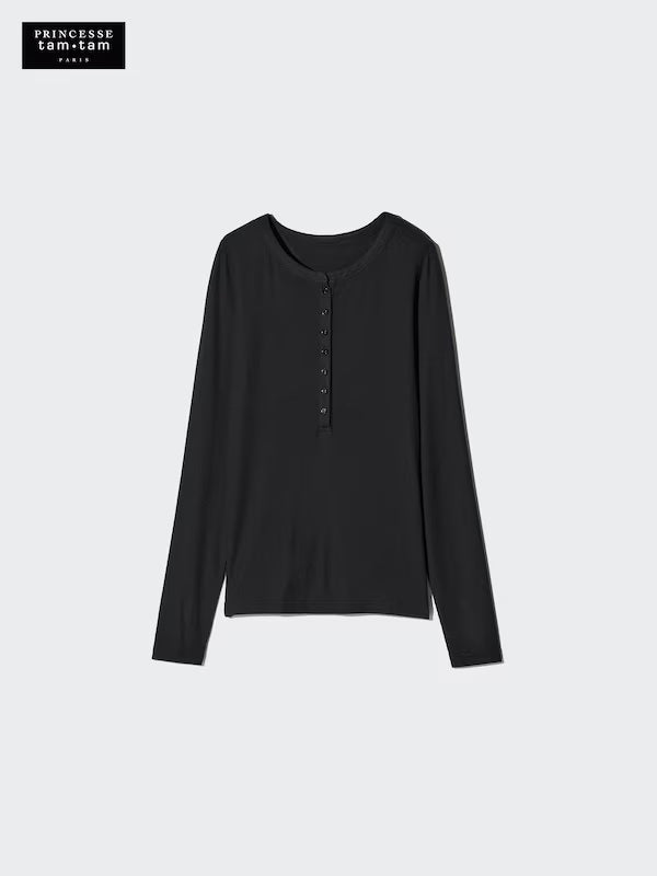 日本代購｜UNIQLO T恤 - 極暖ヒートテック卡什米爾混紡肋紋亨利領T恤｜UNIQLO